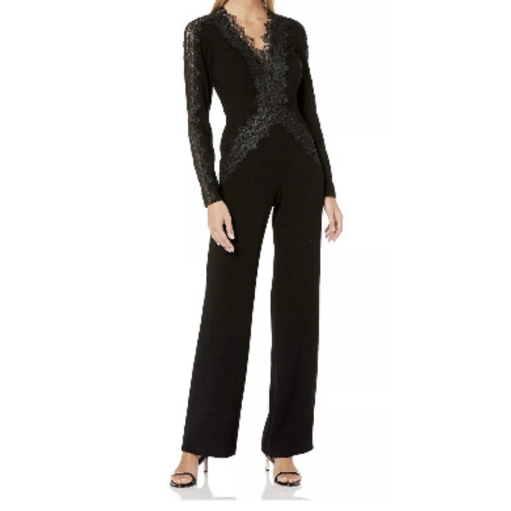 Elie Tahari Women Black V-Neck Short Sleeve Jumpsuit Lace Trim Viscose Size 4